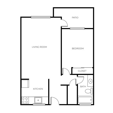 Floor plan for 1 bed, 1 bath, 675 sqft
